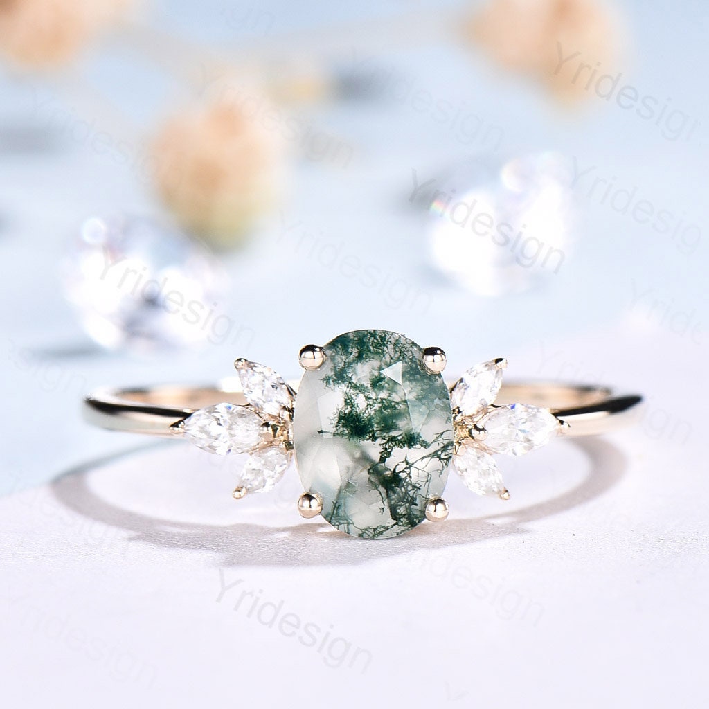 1.5CT Oval Natural Moss Agate Engagement Ring Cluster Diamond Green Agate Wedding Ring Art Deco Vintage Retro Green Crystal Anniversary Ring - PENFINE