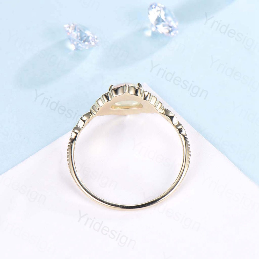 Vintage White Opal Engagement Ring Unique Green Enamel Solid Gold Fire Opal Wedding Ring Women Art Deco Anniversary Valentine Gift For Her - PENFINE