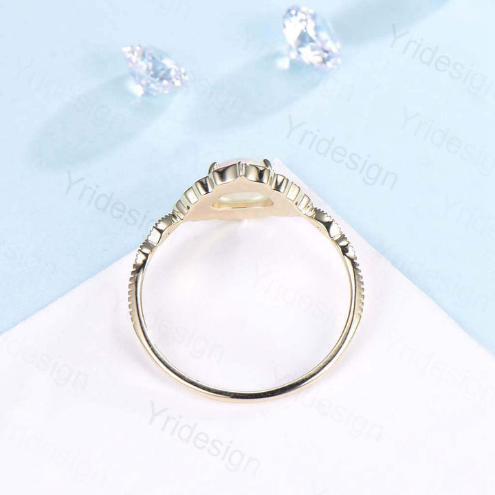 Vintage White Opal Engagement Ring Unique Green Enamel Solid Gold Fire Opal Wedding Ring Women Art Deco Anniversary Valentine Gift For Her - PENFINE