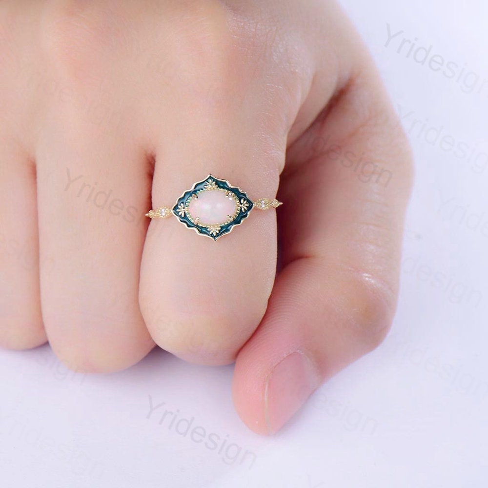 Vintage White Opal Engagement Ring Unique Green Enamel Solid Gold Fire Opal Wedding Ring Women Art Deco Anniversary Valentine Gift For Her - PENFINE