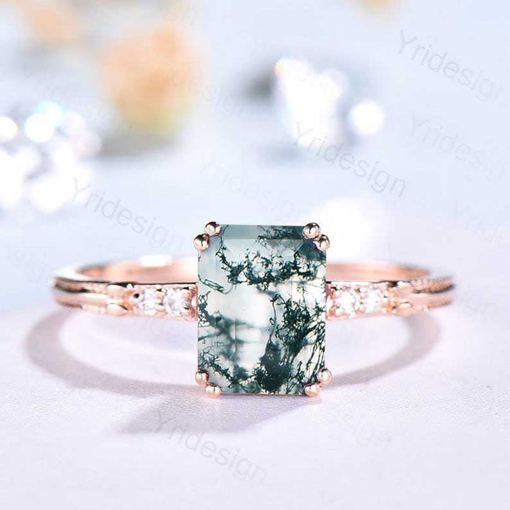 Emerald Cut Moss Agate Diamond Ring Rose Gold Minimalist Dainty Green Agate Engagement Ring  Five Stone Milgrain Women Anniversary Ring - PENFINE