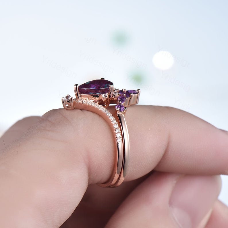 Pear Blue Sandstone Engagement Ring Set: Art Deco Rose Gold, Amethyst Band - PENFINE