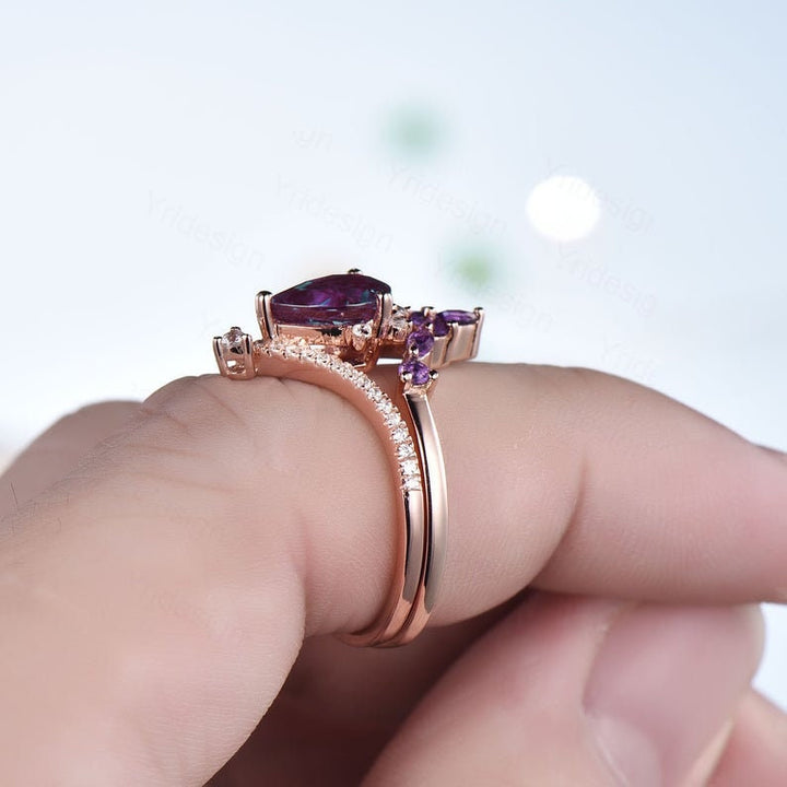 Pear Blue Sandstone Engagement Ring Set: Art Deco Rose Gold, Amethyst Band - PENFINE