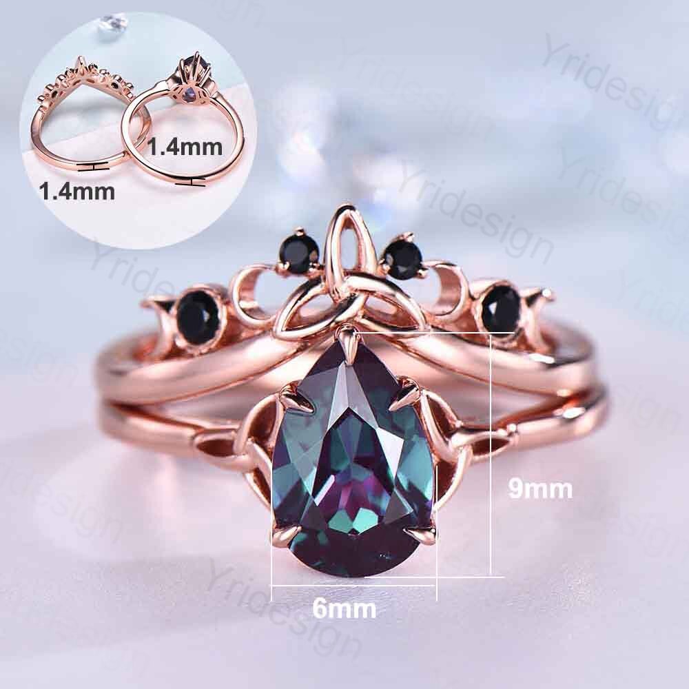 Celtic Knot Norse Viking Alexandrite Engagement Ring Set Unique Pear Alexandrite Wedding Ring,Curved Black Spinel Matching Band Bridal Sets - PENFINE