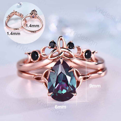 Celtic Knot Norse Viking Alexandrite Engagement Ring Set Unique Pear Alexandrite Wedding Ring,Curved Black Spinel Matching Band Bridal Sets - PENFINE