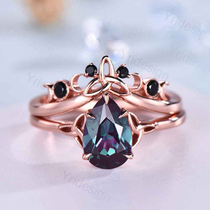 Celtic Knot Norse Viking Alexandrite Engagement Ring Set Unique Pear Alexandrite Wedding Ring,Curved Black Spinel Matching Band Bridal Sets - PENFINE