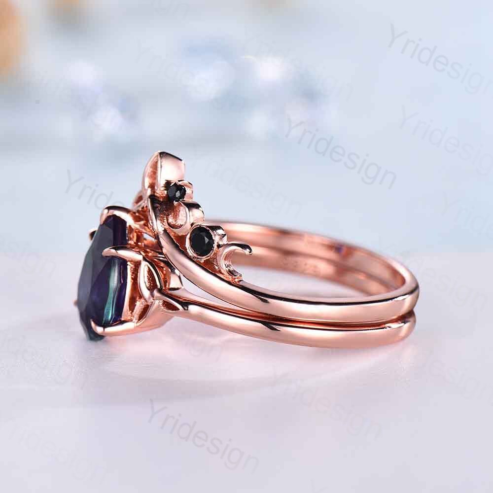 Celtic Knot Norse Viking Alexandrite Engagement Ring Set Unique Pear Alexandrite Wedding Ring,Curved Black Spinel Matching Band Bridal Sets - PENFINE