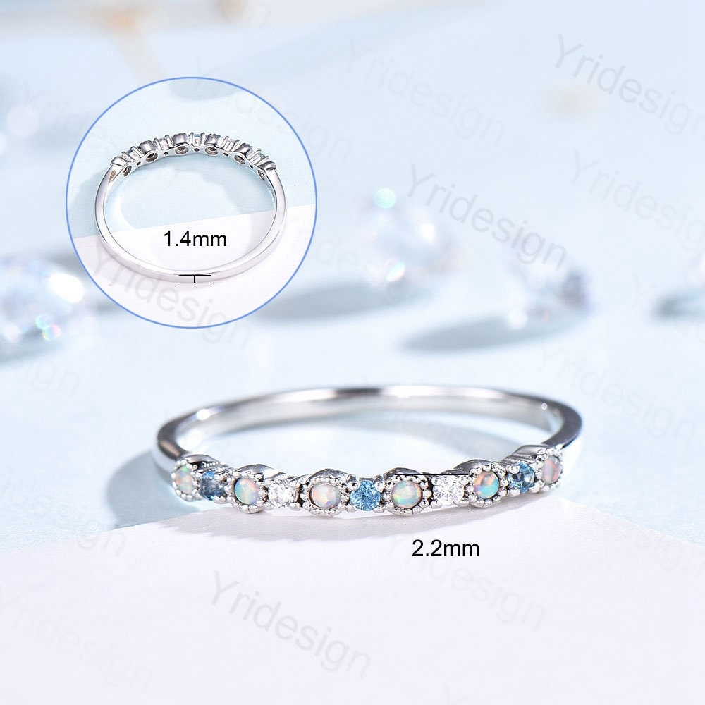 Opal Diamond Wedding Band, White Gold Milgrain Swiss Topaz Stacking Ring - PENFINE