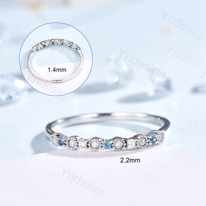 Opal Diamond Wedding Band, White Gold Milgrain Swiss Topaz Stacking Ring - PENFINE