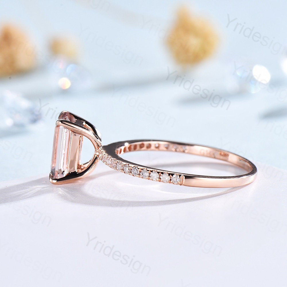 Emerald cut natural morganite engagement ring 14K rose gold morganite diamond bridal ring for women antique promise ring for women - PENFINE