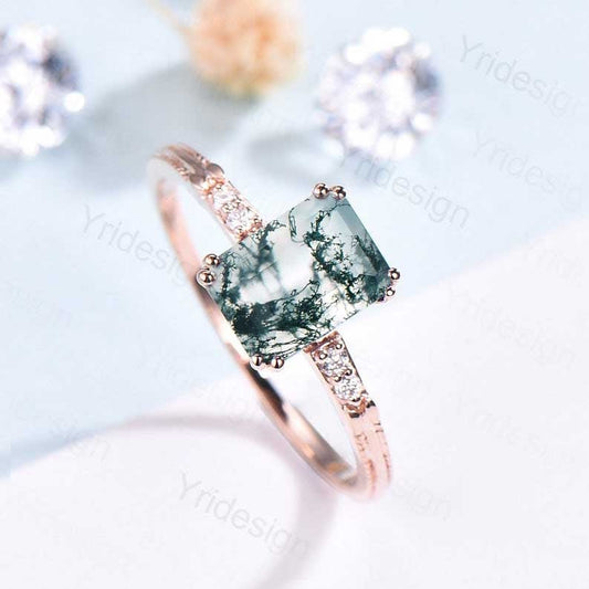 Emerald Cut Moss Agate Diamond Ring Rose Gold Minimalist Dainty Green Agate Engagement Ring Five Stone Milgrain Women Anniversary Ring - PENFINE