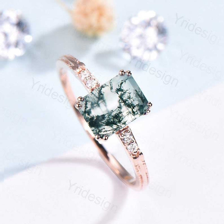 Emerald Cut Moss Agate Diamond Ring Rose Gold Minimalist Dainty Green Agate Engagement Ring  Five Stone Milgrain Women Anniversary Ring - PENFINE