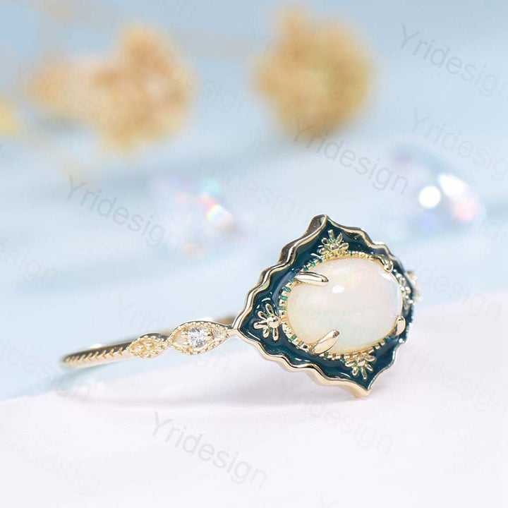 Vintage White Opal Engagement Ring Unique Green Enamel Solid Gold Fire Opal Wedding Ring Women Art Deco Anniversary Valentine Gift For Her - PENFINE