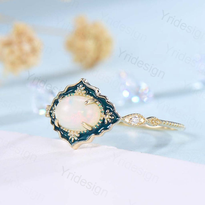 Vintage White Opal Engagement Ring Unique Green Enamel Solid Gold Fire Opal Wedding Ring Women Art Deco Anniversary Valentine Gift For Her - PENFINE