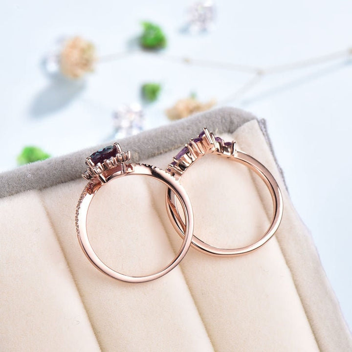 Pear Blue Sandstone Engagement Ring Set: Art Deco Rose Gold, Amethyst Band - PENFINE