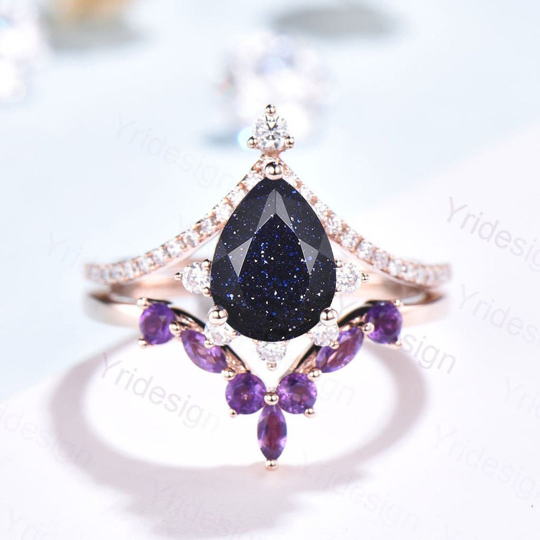 Pear Blue Sandstone Engagement Ring Set: Art Deco Rose Gold, Amethyst Band - PENFINE