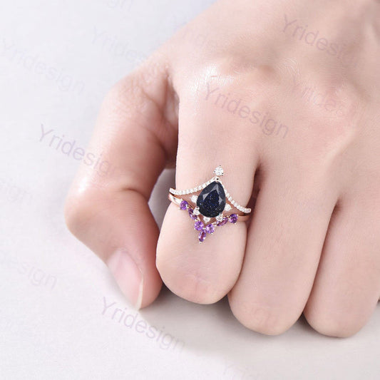 Pear Blue Sandstone Engagement Ring Set: Art Deco Rose Gold, Amethyst Band - PENFINE