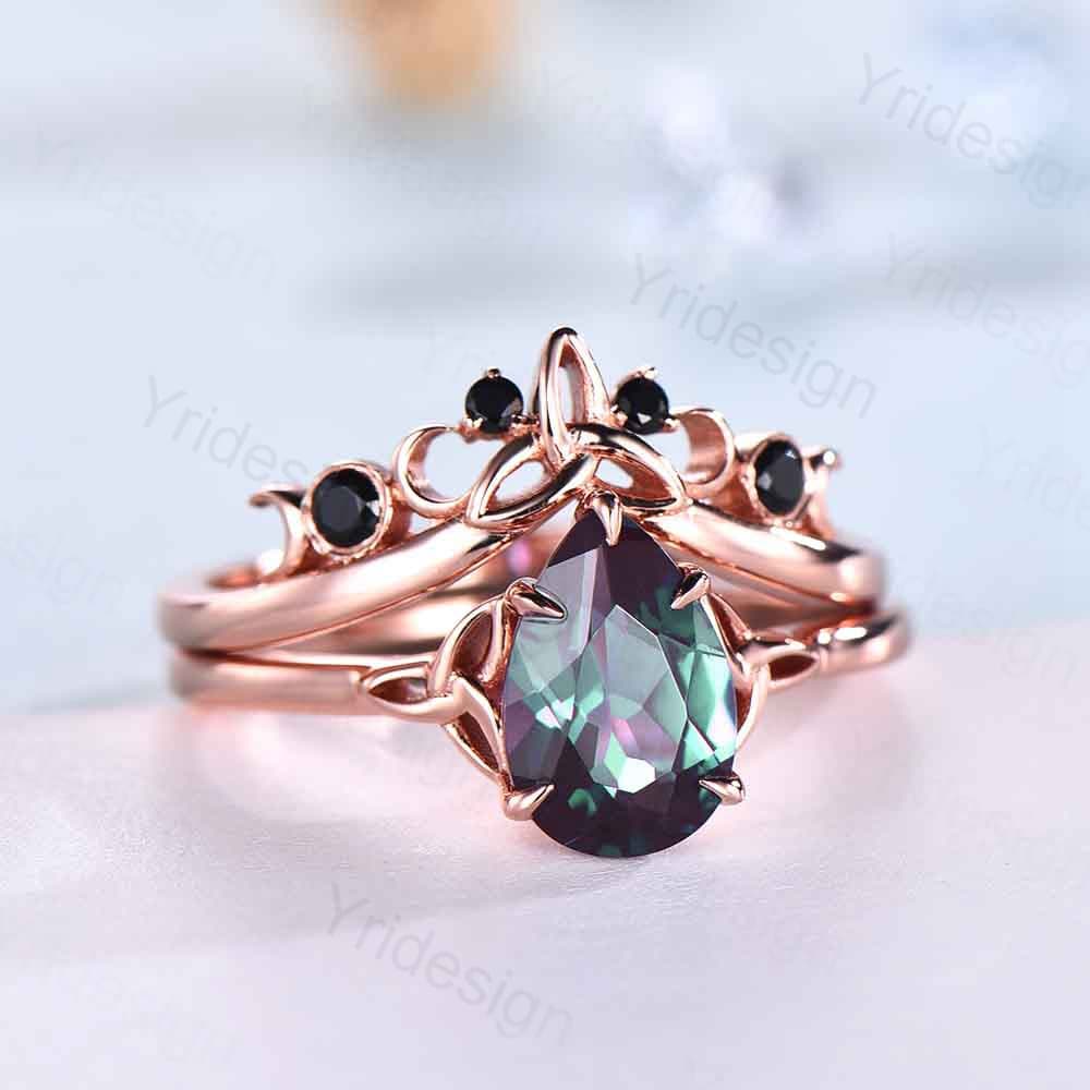 Celtic Knot Norse Viking Alexandrite Engagement Ring Set Unique Pear Alexandrite Wedding Ring,Curved Black Spinel Matching Band Bridal Sets - PENFINE