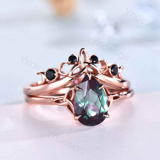 Celtic Knot Norse Viking Alexandrite Engagement Ring Set Unique Pear Alexandrite Wedding Ring,Curved Black Spinel Matching Band Bridal Sets - PENFINE