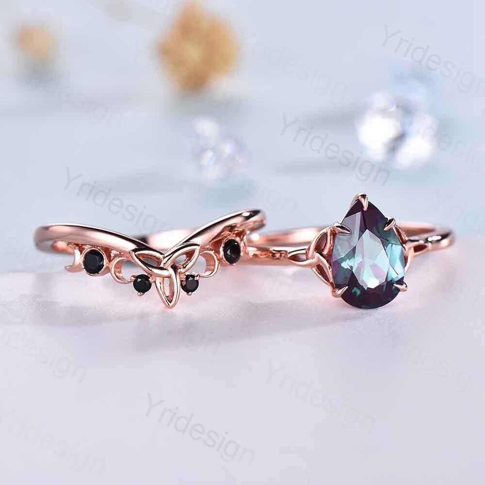 Celtic Knot Norse Viking Alexandrite Engagement Ring Set Unique Pear Alexandrite Wedding Ring,Curved Black Spinel Matching Band Bridal Sets - PENFINE