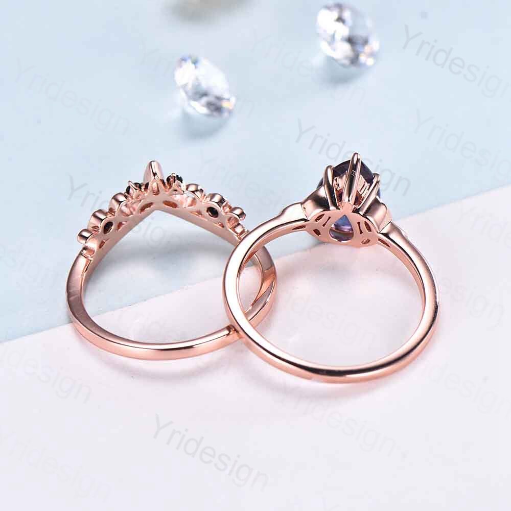 Celtic Knot Norse Viking Alexandrite Engagement Ring Set Unique Pear Alexandrite Wedding Ring,Curved Black Spinel Matching Band Bridal Sets - PENFINE