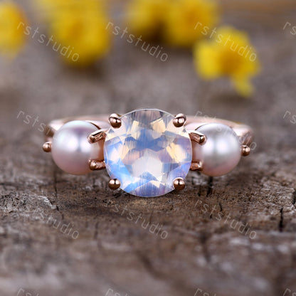 Vintage Art Deco Moonstone Pearl Ring, Rose Gold Promise Ring