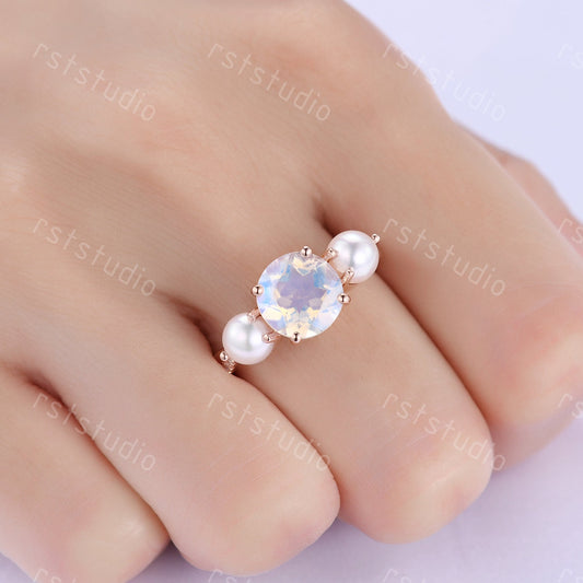 Vintage Art Deco Moonstone Pearl Ring, Rose Gold Promise Ring
