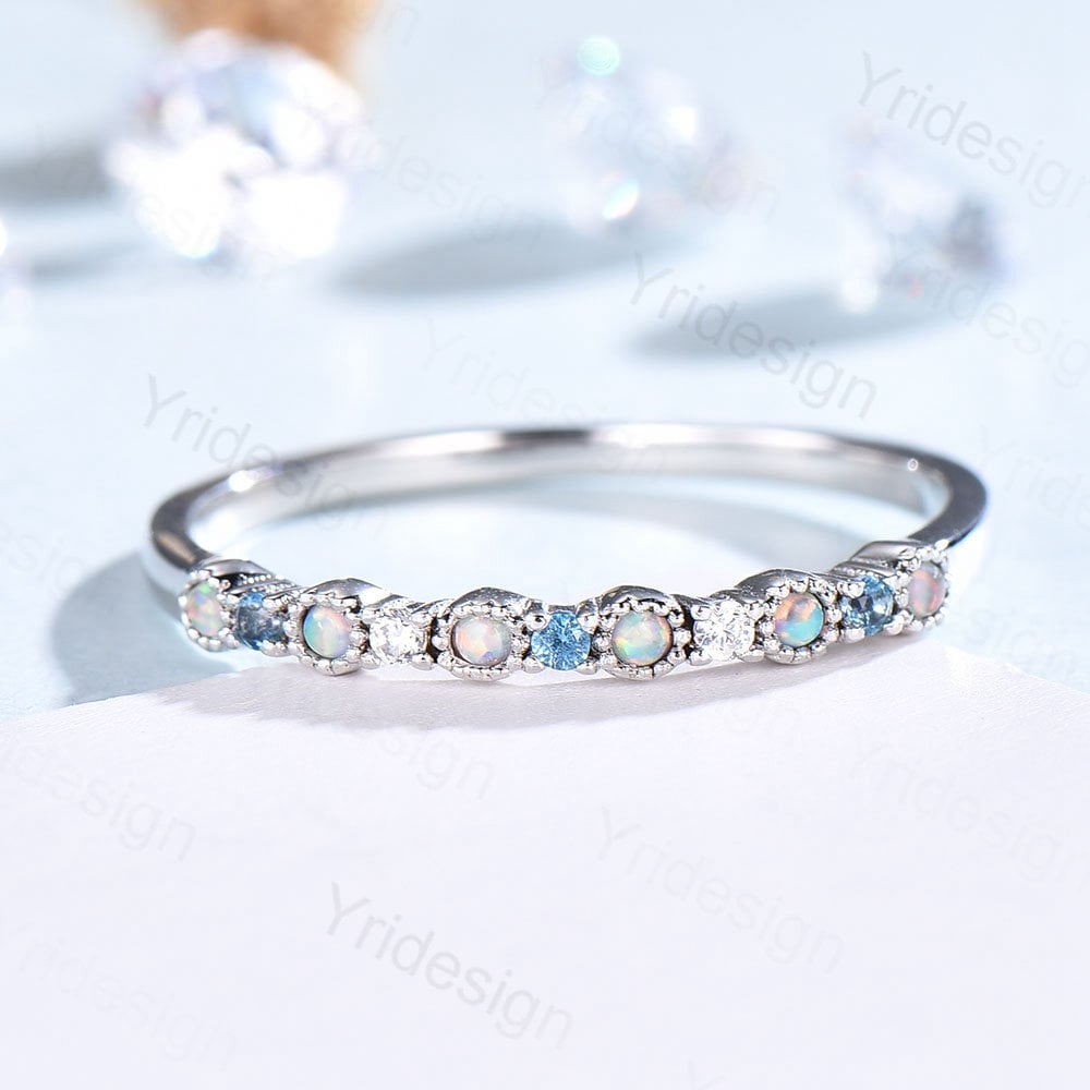 Opal Diamond Wedding Band, White Gold Milgrain Swiss Topaz Stacking Ring - PENFINE