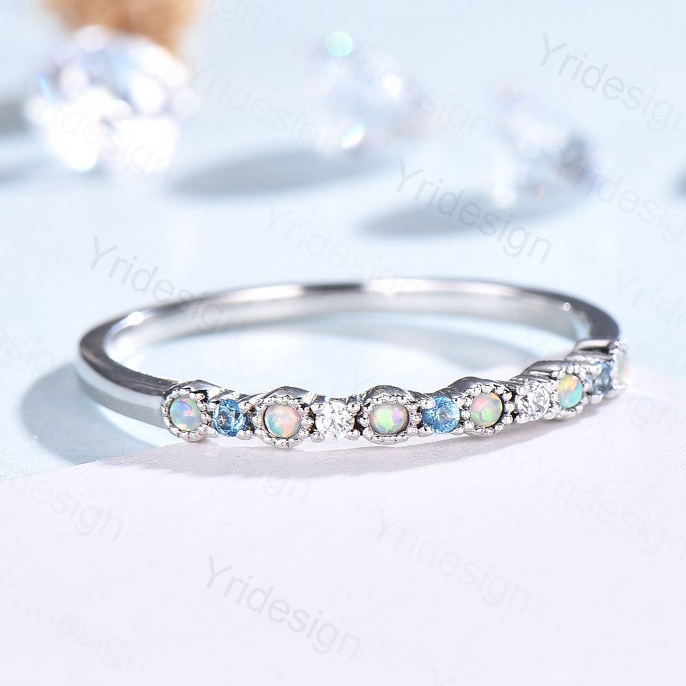 Opal Diamond Wedding Band, White Gold Milgrain Swiss Topaz Stacking Ring - PENFINE