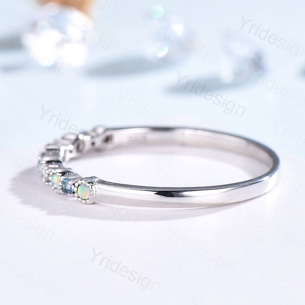 Opal Diamond Wedding Band, White Gold Milgrain Swiss Topaz Stacking Ring - PENFINE