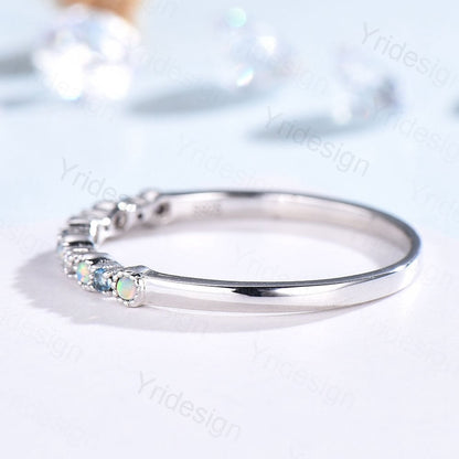 Opal Diamond Wedding Band, White Gold Milgrain Swiss Topaz Stacking Ring - PENFINE