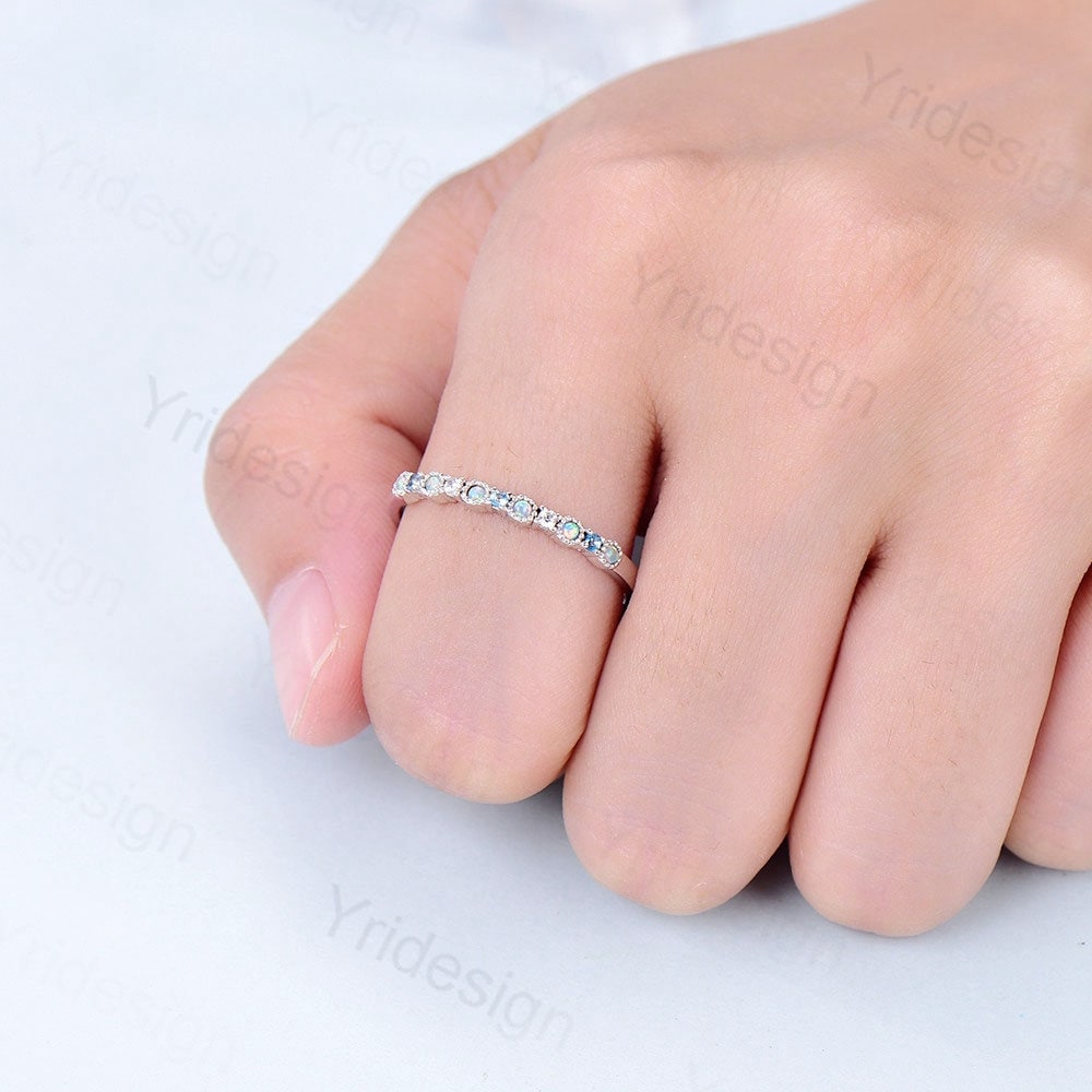 Opal Diamond Wedding Band, White Gold Milgrain Swiss Topaz Stacking Ring - PENFINE