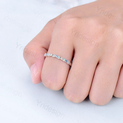 Opal Diamond Wedding Band, White Gold Milgrain Swiss Topaz Stacking Ring - PENFINE