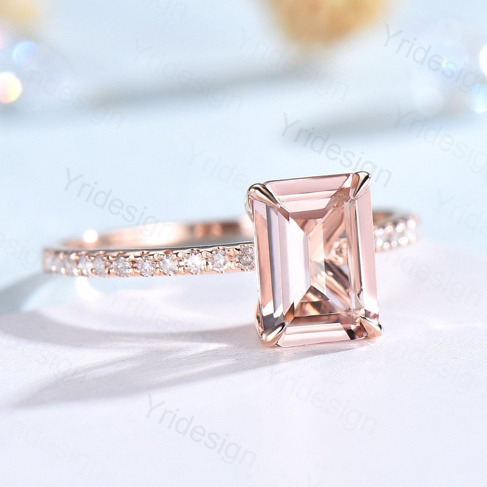 Emerald cut natural morganite engagement ring 14K rose gold morganite diamond bridal ring for women antique promise ring for women - PENFINE