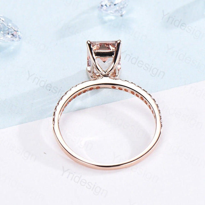 Emerald cut natural morganite engagement ring 14K rose gold morganite diamond bridal ring for women antique promise ring for women - PENFINE
