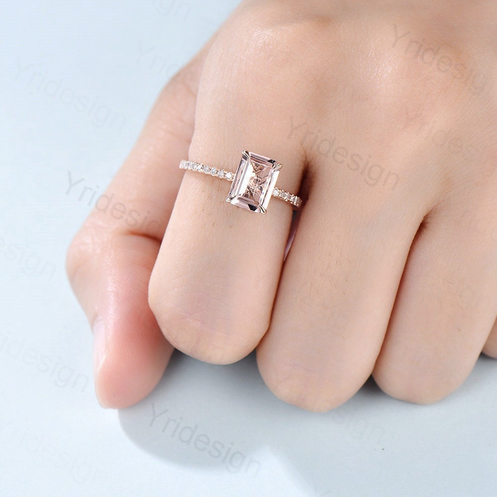 Emerald cut natural morganite engagement ring 14K rose gold morganite diamond bridal ring for women antique promise ring for women - PENFINE