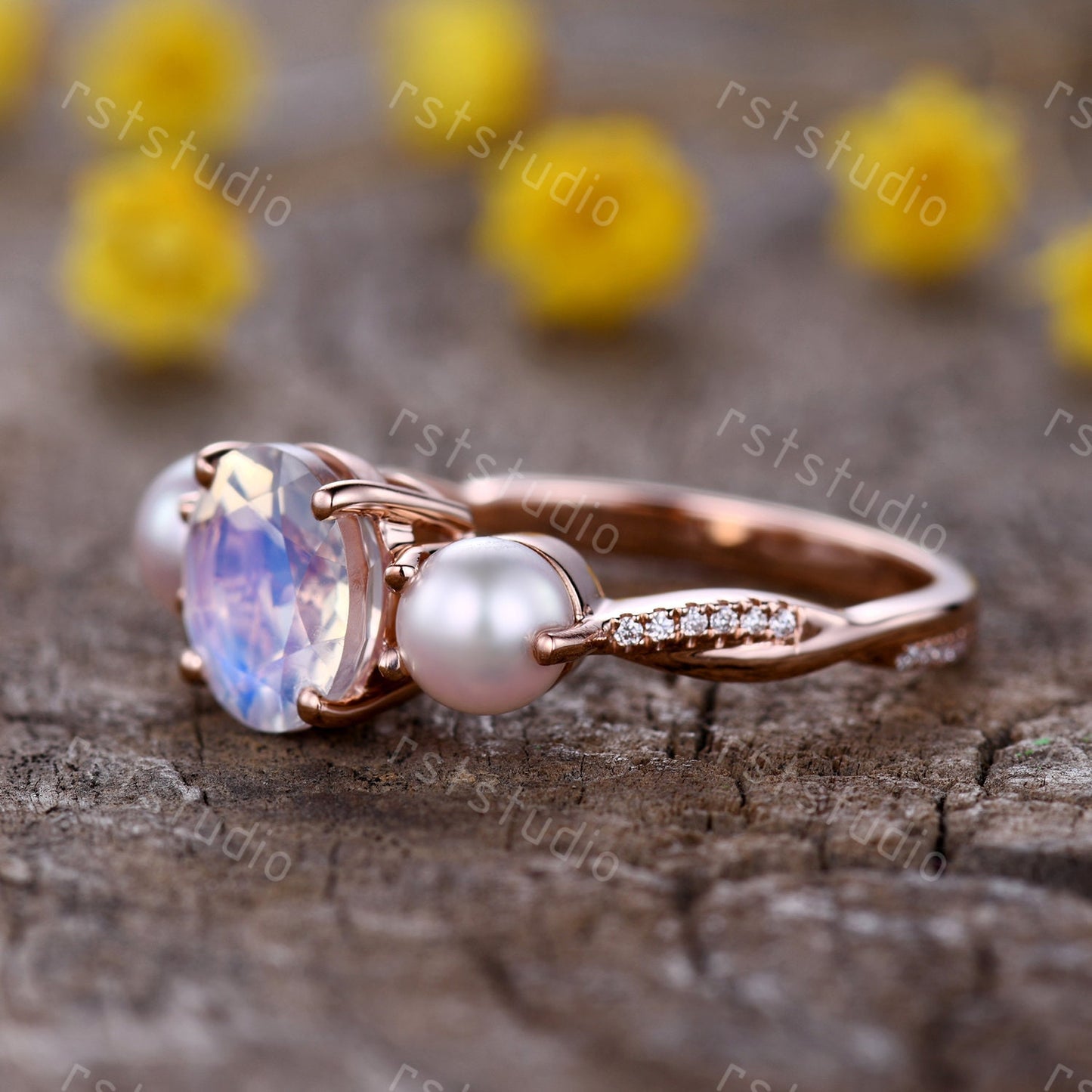 Vintage Art Deco Moonstone Pearl Ring, Rose Gold Promise Ring