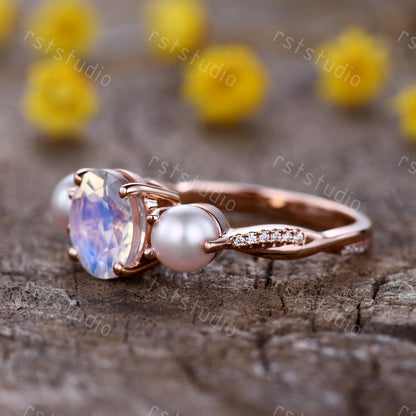 Vintage Art Deco Moonstone Pearl Ring, Rose Gold Promise Ring