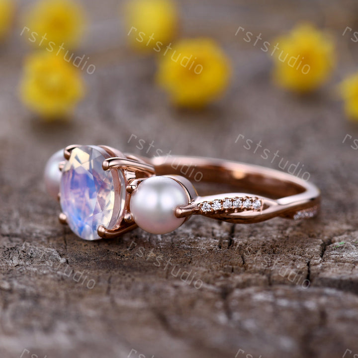 Vintage Art Deco Moonstone Pearl Ring, Rose Gold Promise Ring