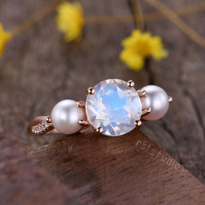 Vintage Art Deco Moonstone Pearl Ring, Rose Gold Promise Ring
