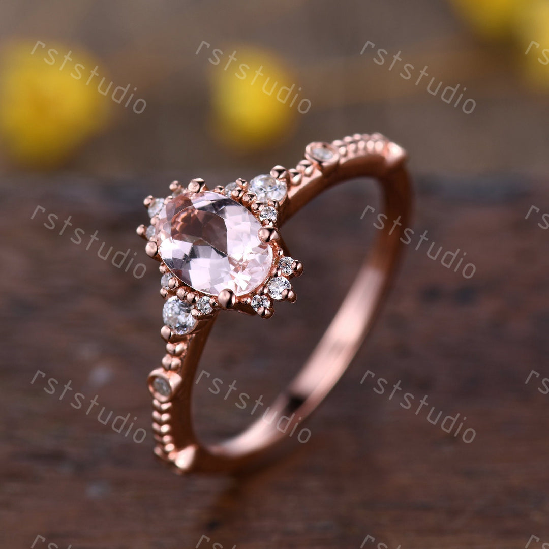 0.7carat natural morganite engagement ring rose gold diamond wedding ring Filigree anniversary ring 7x5mm Morganite ring jewelry women ring