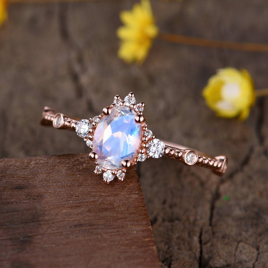 0.65 carat natural Moonstone engagement ring rose gold diamond wedding ring Art Deco anniversary ring Moonstone Rings for wome