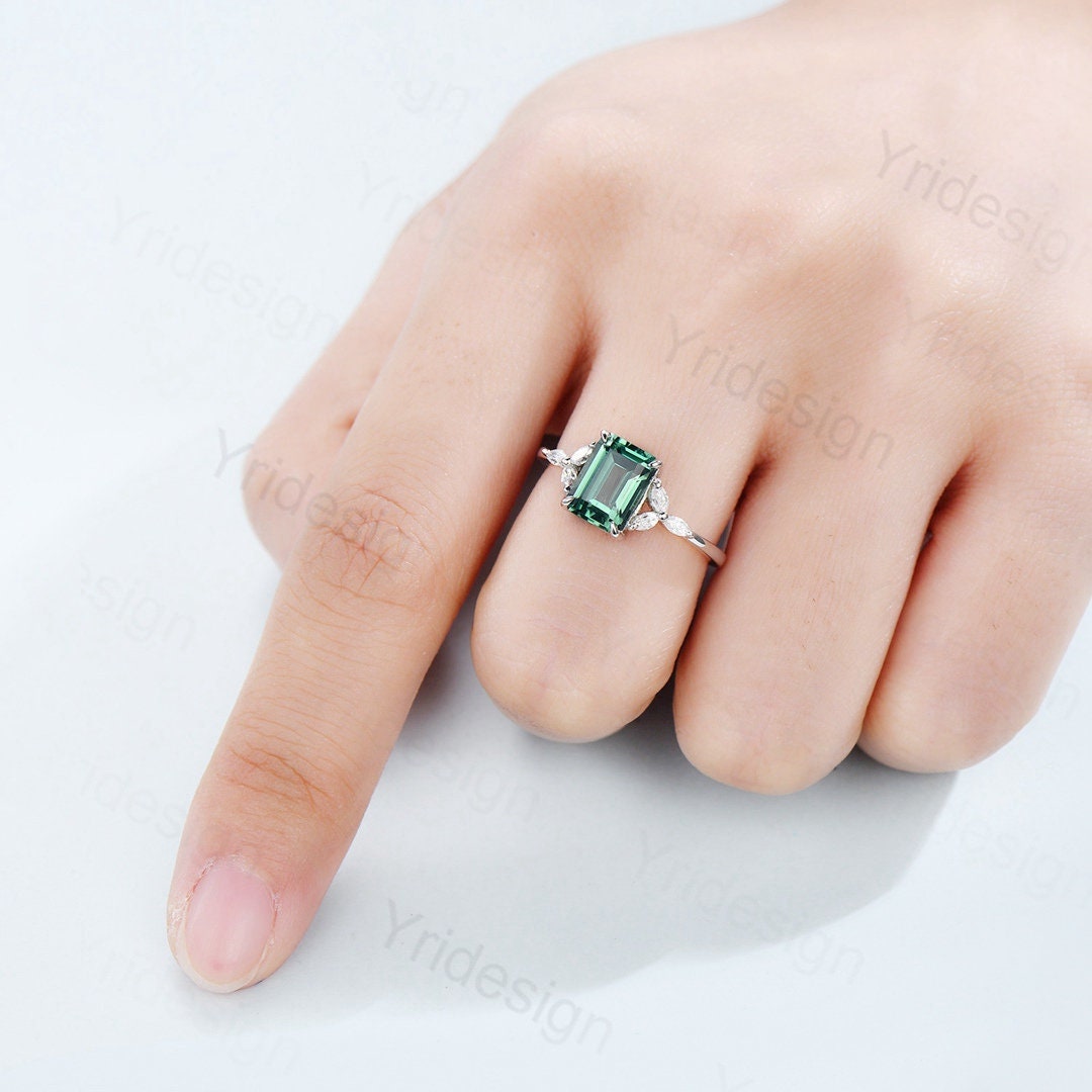Emerald Cut Green Sapphire Engagement Ring,Vintage Glamour Ring - PENFINE