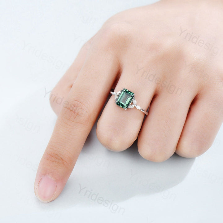 Emerald Cut Green Sapphire Engagement Ring,Vintage Glamour Ring - PENFINE