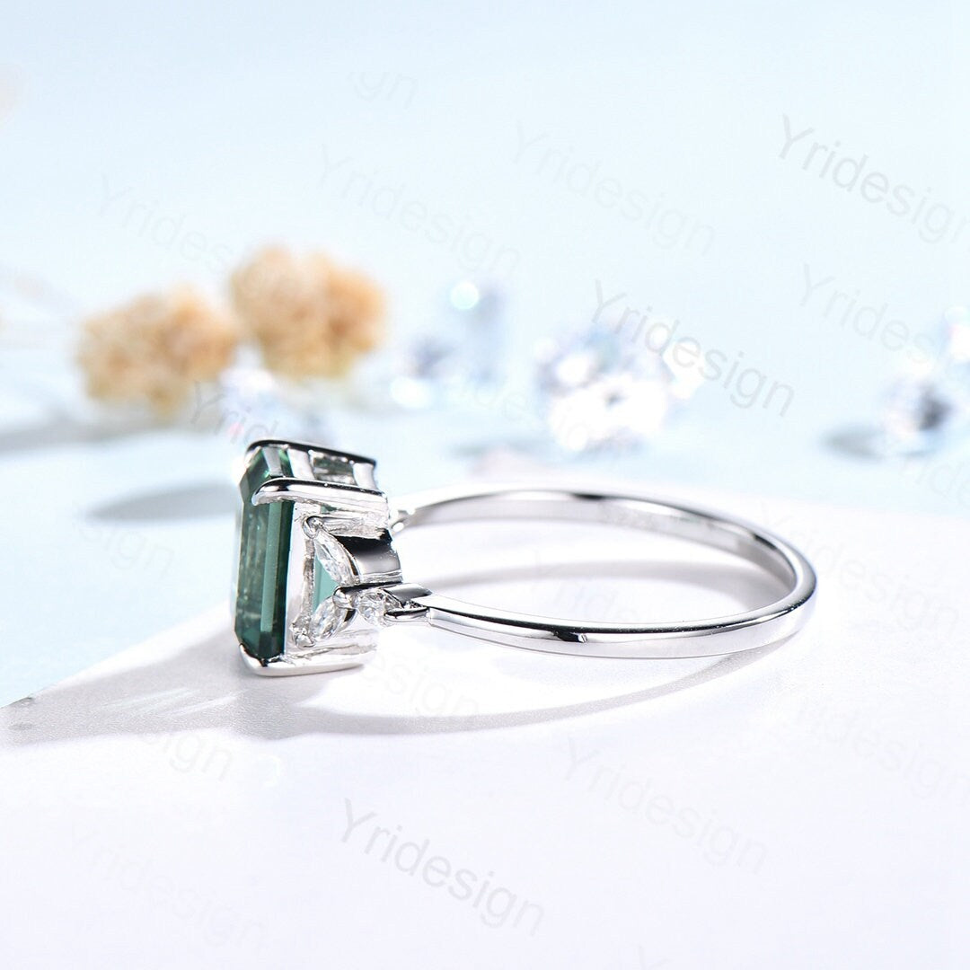 Emerald Cut Green Sapphire Engagement Ring,Vintage Glamour Ring - PENFINE