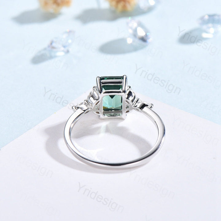 Emerald Cut Green Sapphire Engagement Ring,Vintage Glamour Ring - PENFINE