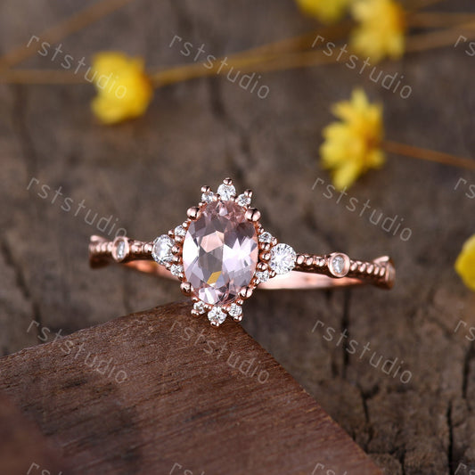 0.7carat natural morganite engagement ring rose gold diamond wedding ring Filigree anniversary ring 7x5mm Morganite ring jewelry women ring