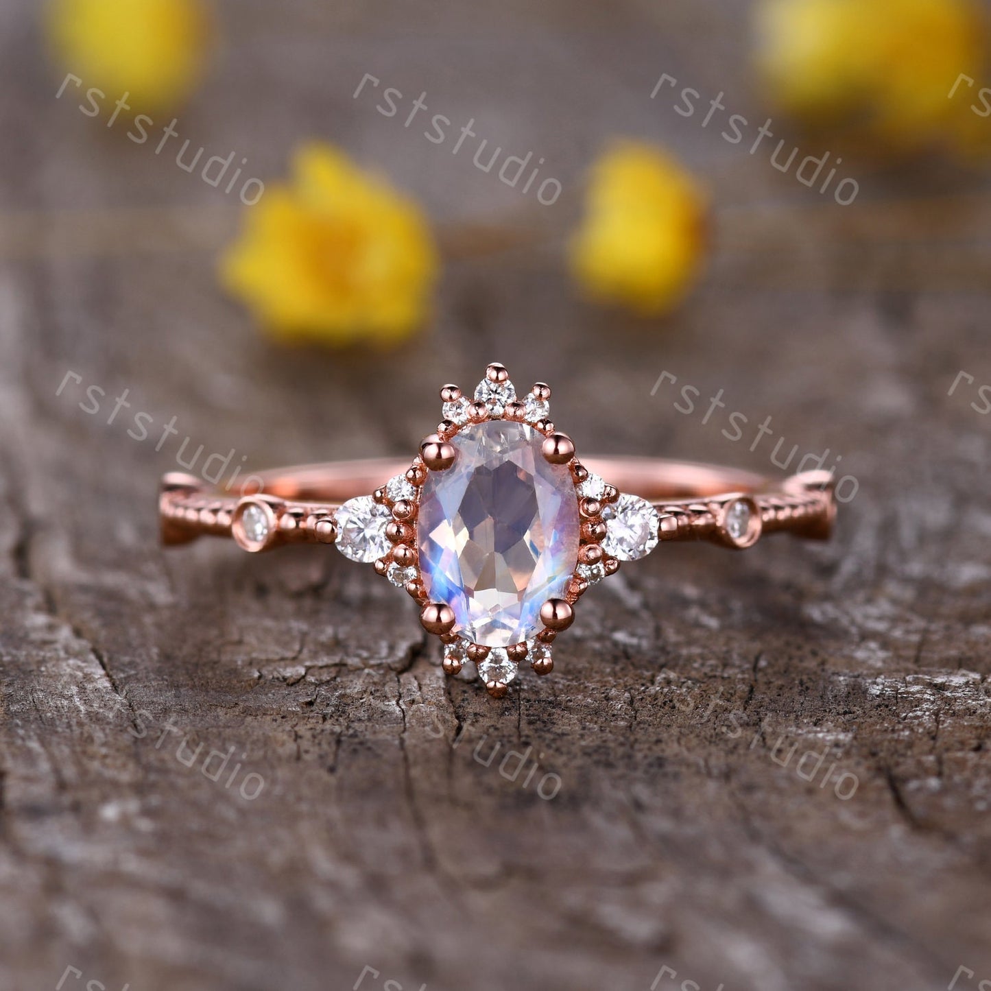 0.65 carat natural Moonstone engagement ring rose gold diamond wedding ring Art Deco anniversary ring Moonstone Rings for wome