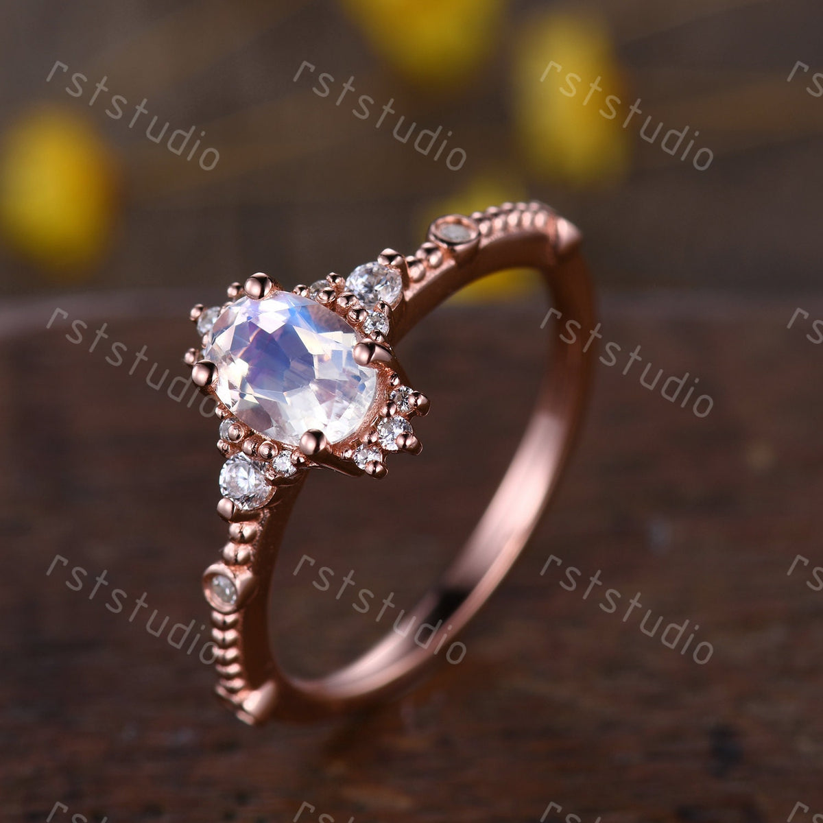 0.65 carat natural Moonstone engagement ring rose gold diamond wedding ring Art Deco anniversary ring Moonstone Rings for wome