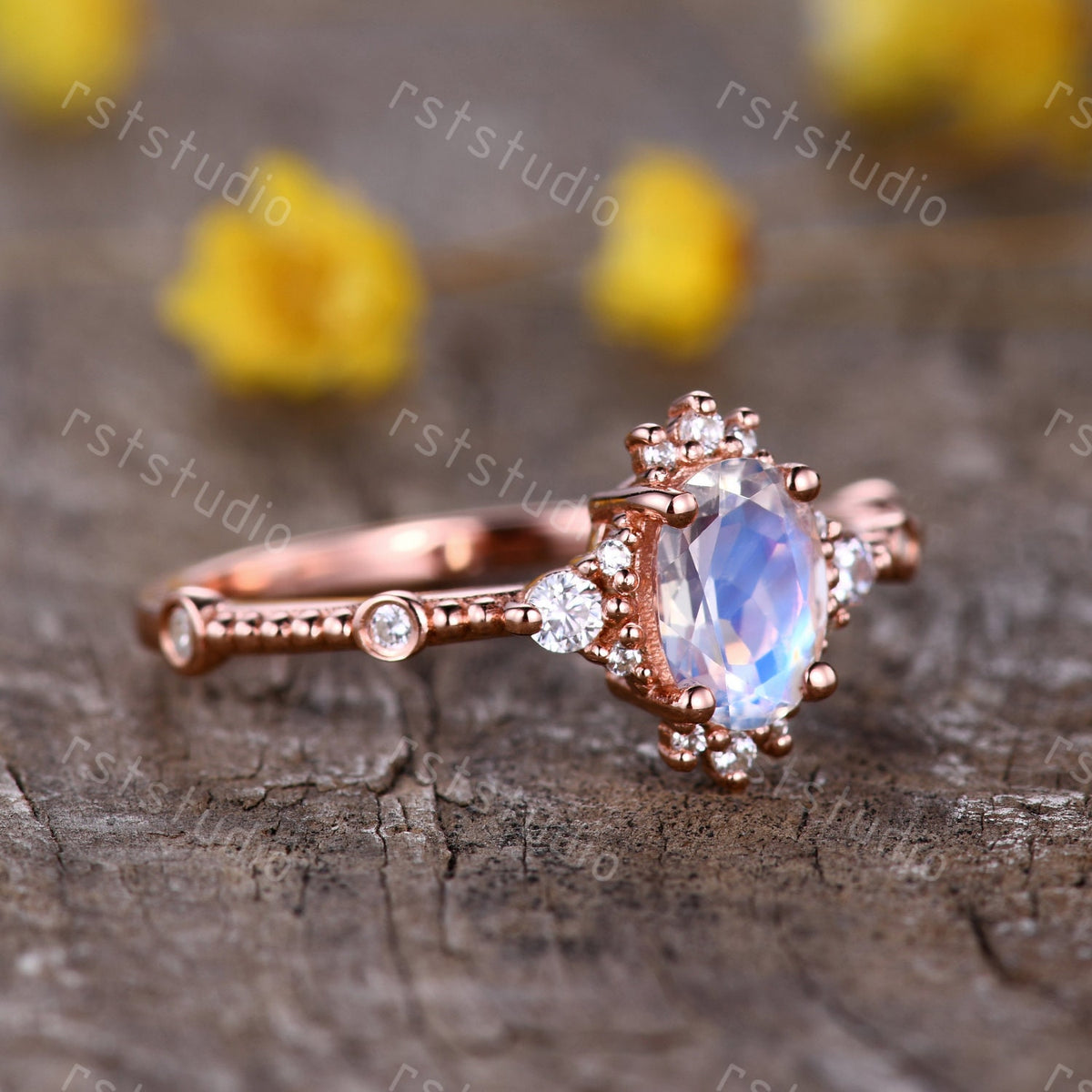0.65 carat natural Moonstone engagement ring rose gold diamond wedding ring Art Deco anniversary ring Moonstone Rings for wome